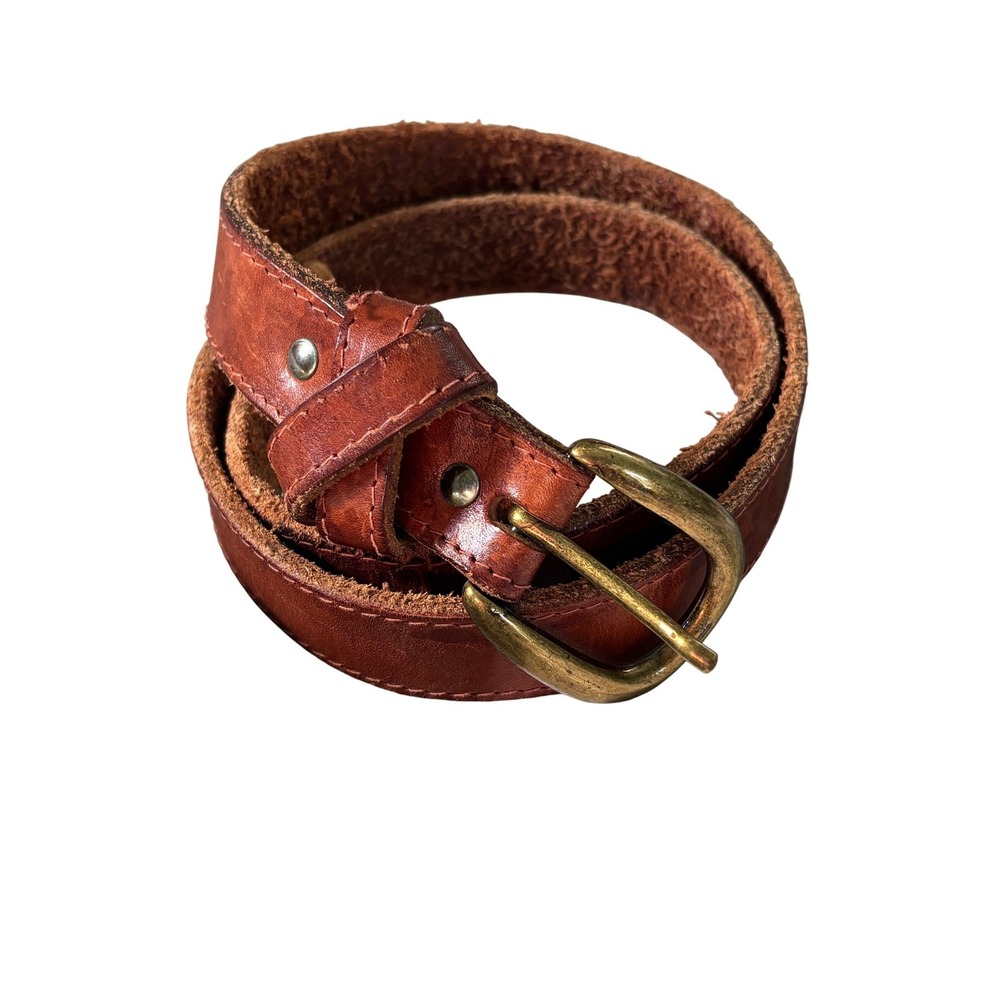Cognac‎ Brown Leather Belt Knotted Detail Brass Buckle Rustic Western